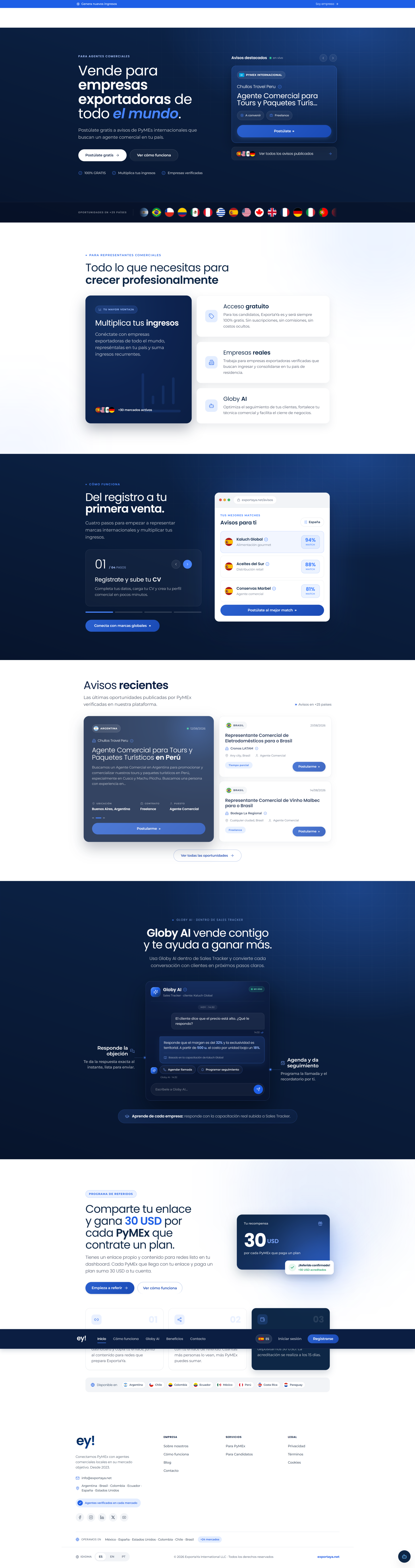 Home de ExportaYa: hero para agentes comerciales, avisos destacados, matching y Globy AI