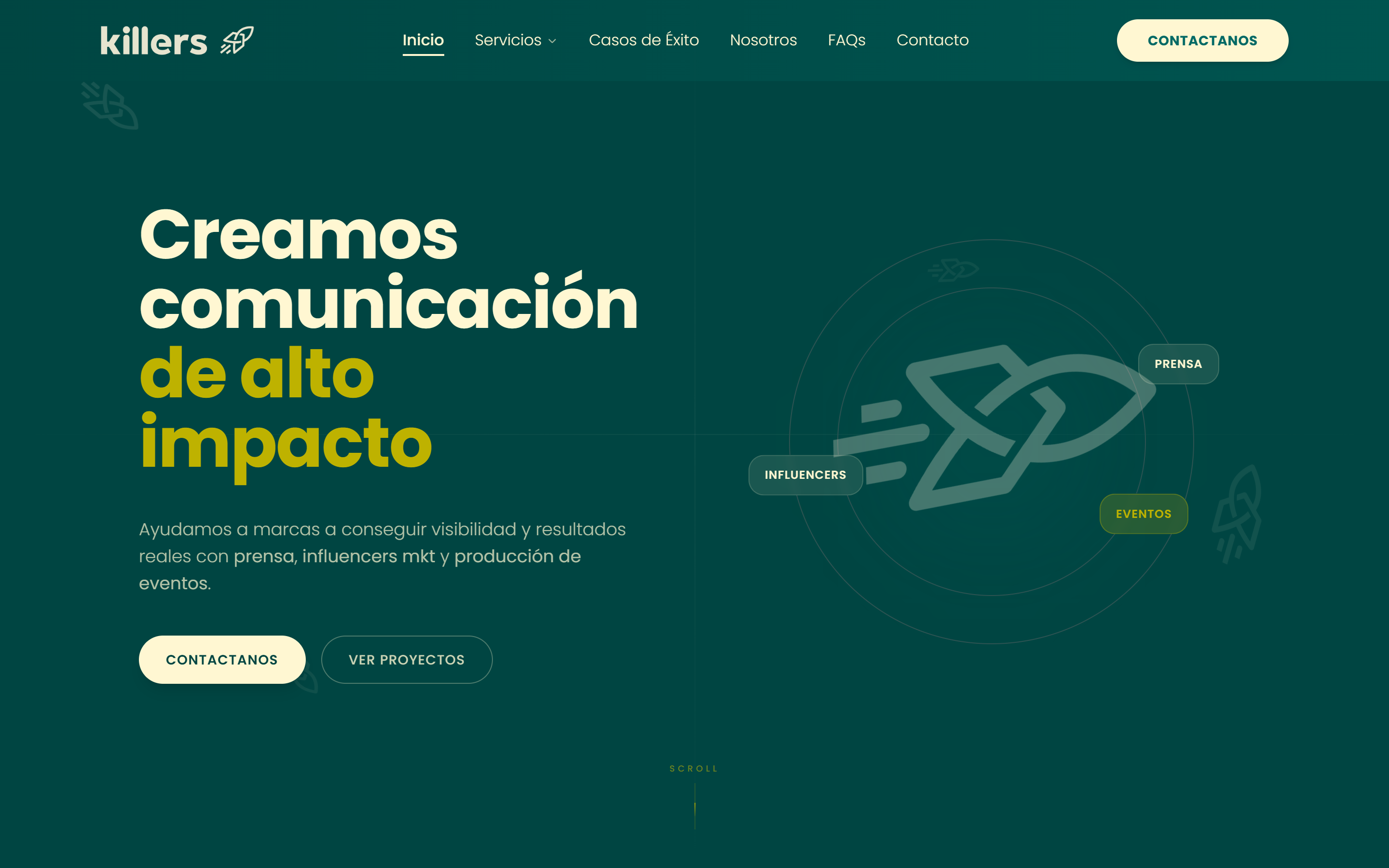 Home de Killers: titular “Creamos comunicación de alto impacto” sobre fondo verde